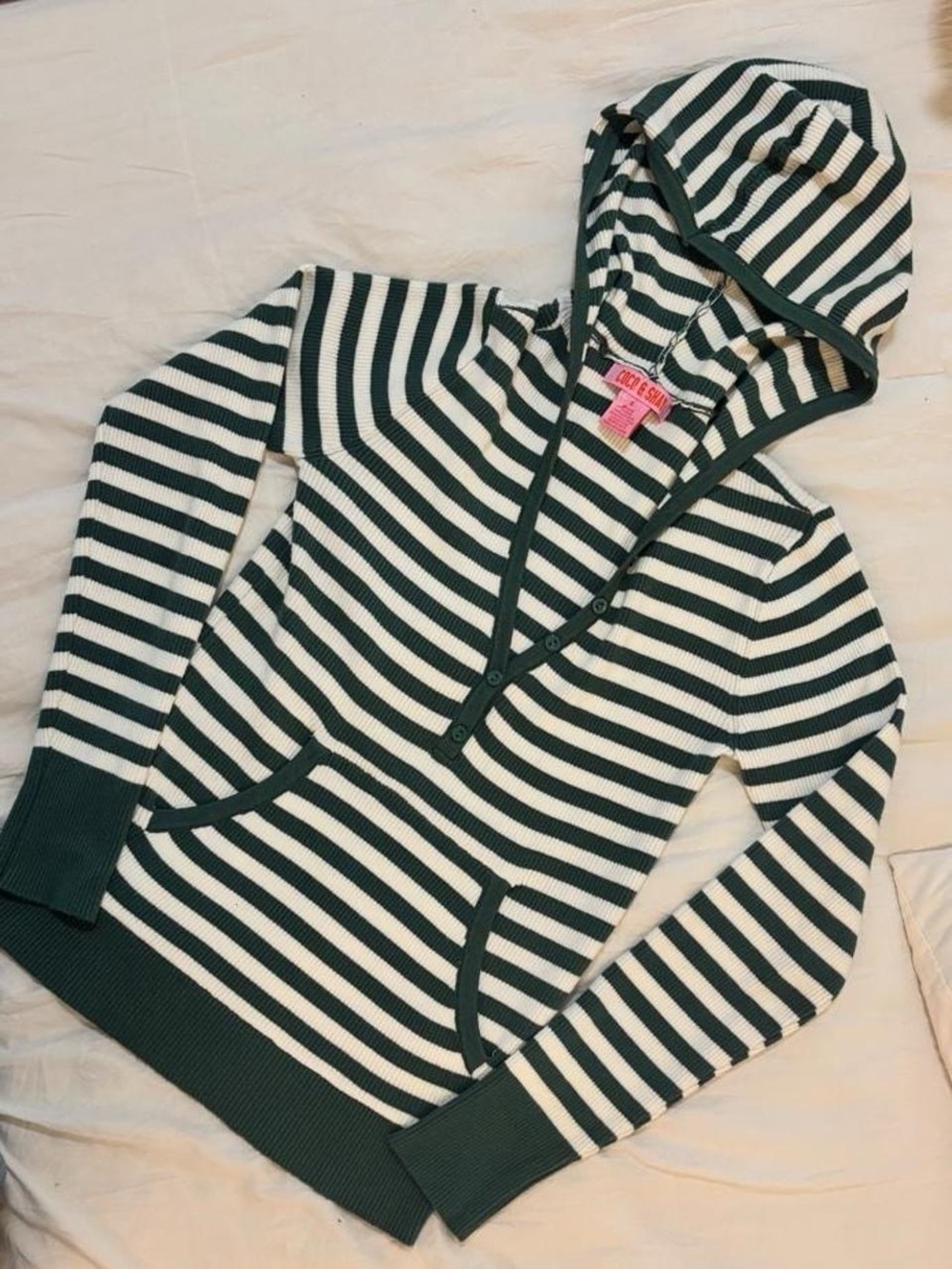 Striped V-Neck Hooded Sweater in Green and White